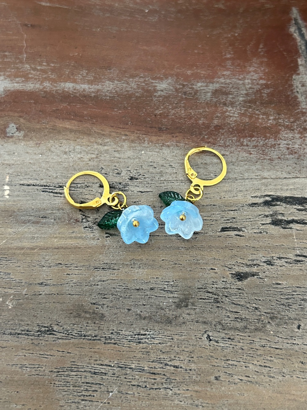 Blue Flower Drop Earrings with Gold Hoops